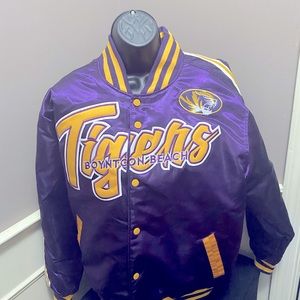 Purple and Gold Satin Varsity Bomber Jacket
